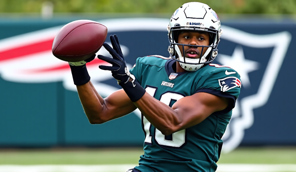 A.J. Brown Dominates Eagles in Joint Practice, Highlights Patriots’ Edge — AI-generated editorial illustration