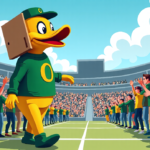Oregon Duck’s Cardboard Cutout Entrance Keeps Mascot Upright — AI-generated editorial illustration