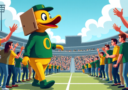 Oregon Duck’s Cardboard Cutout Entrance Keeps Mascot Upright — AI-generated editorial illustration