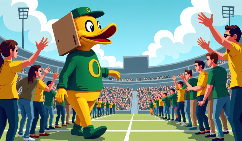 Oregon Duck’s Cardboard Cutout Entrance Keeps Mascot Upright — AI-generated editorial illustration