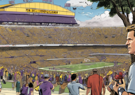 Lane Kiffin’s LSU Entrance Stuns Fans with Livvy Dunne, Theo Von, and Brooks Nader — AI-generated editorial illustration