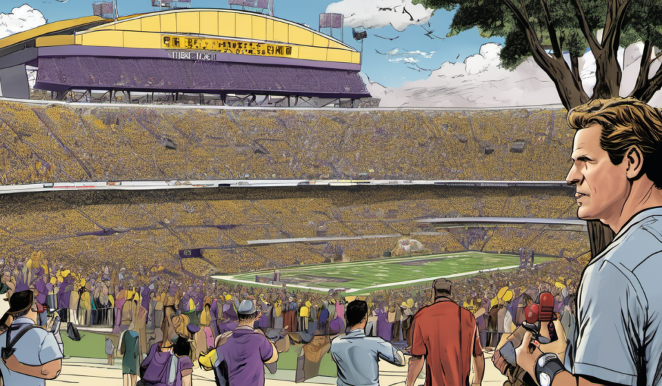 Lane Kiffin’s LSU Entrance Stuns Fans with Livvy Dunne, Theo Von, and Brooks Nader — AI-generated editorial illustration