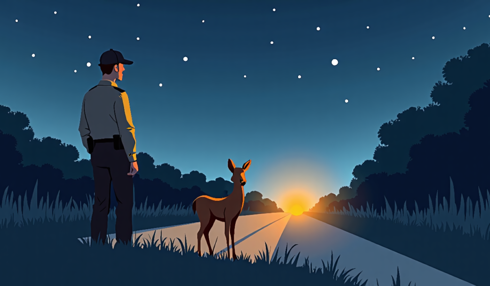 Texas Deputy’s Night Shift Turns Viral When Deer ‘Resurrects’ — AI-generated editorial illustration
