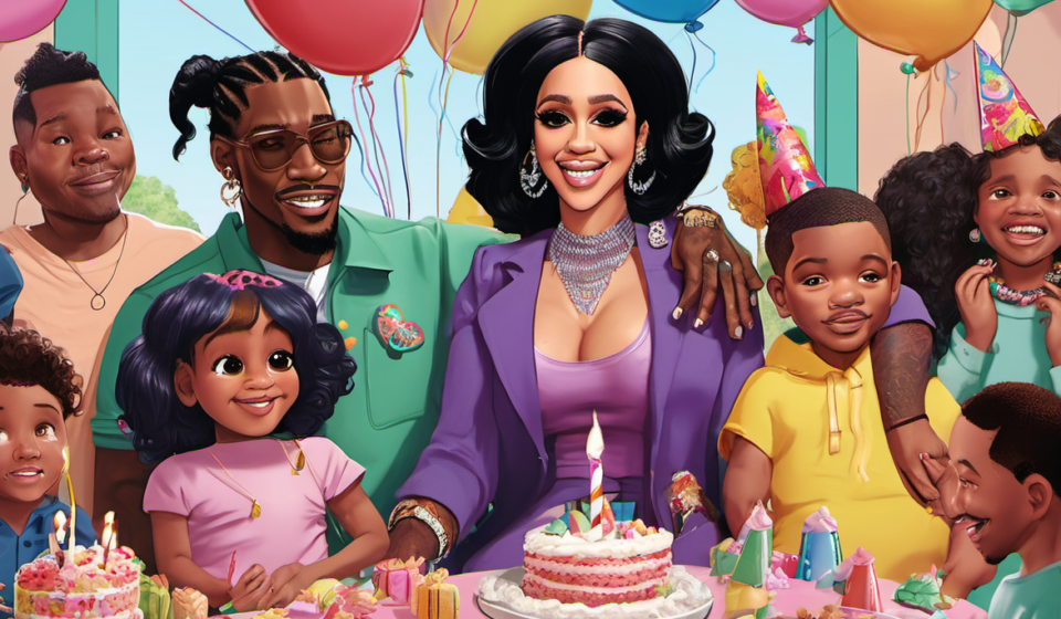 Cardi B & Offset Set Divorce Aside for Kids’ Birthday Bash — AI-generated editorial illustration