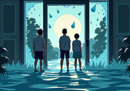 Floodwater Breaks Through College Dorm Glass Doors in Dramatic Video — AI-generated editorial illustration