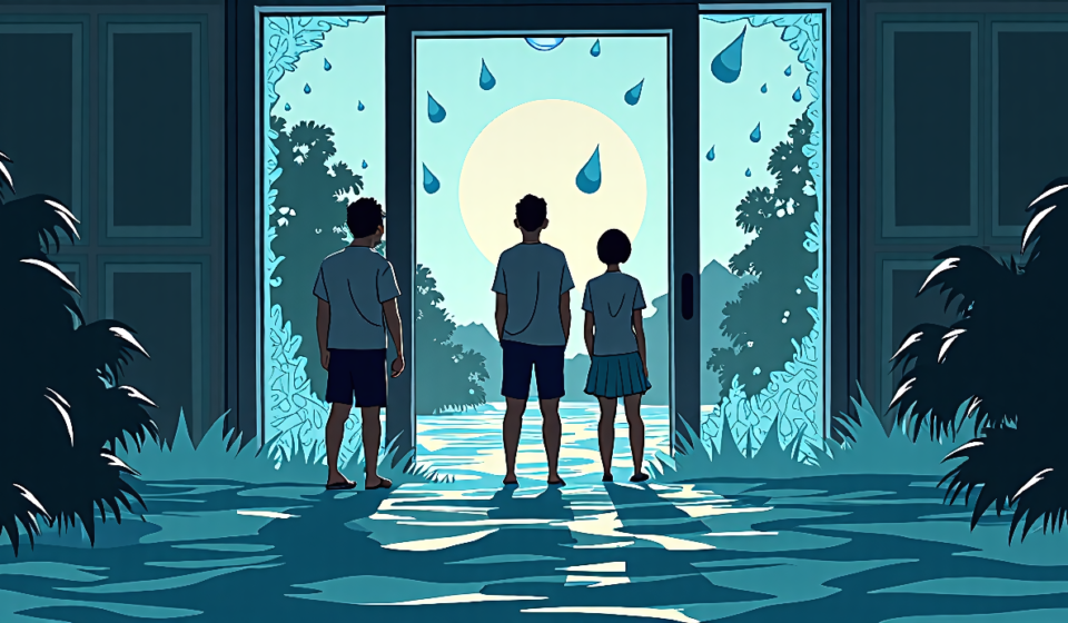 Floodwater Breaks Through College Dorm Glass Doors in Dramatic Video — AI-generated editorial illustration