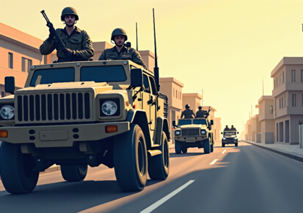 Taliban Patrols Kabul in U.S.‑Made Armor 25 Years After 9/11 — AI-generated editorial illustration