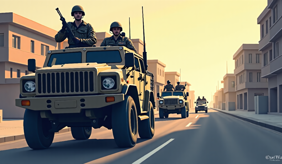 Taliban Patrols Kabul in U.S.‑Made Armor 25 Years After 9/11 — AI-generated editorial illustration