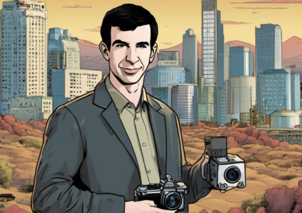 Nathan Fielder’s Bizarre Elizabeth Holmes Doc Finally Revealed — AI-generated editorial illustration