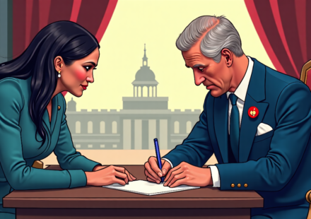 King Charles Confirms Prince Harry and Meghan Will Not Return to Royal Duties — AI-generated editorial illustration