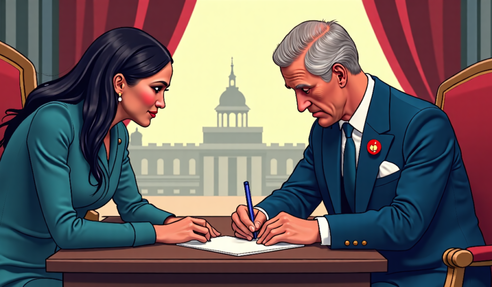 King Charles Confirms Prince Harry and Meghan Will Not Return to Royal Duties — AI-generated editorial illustration