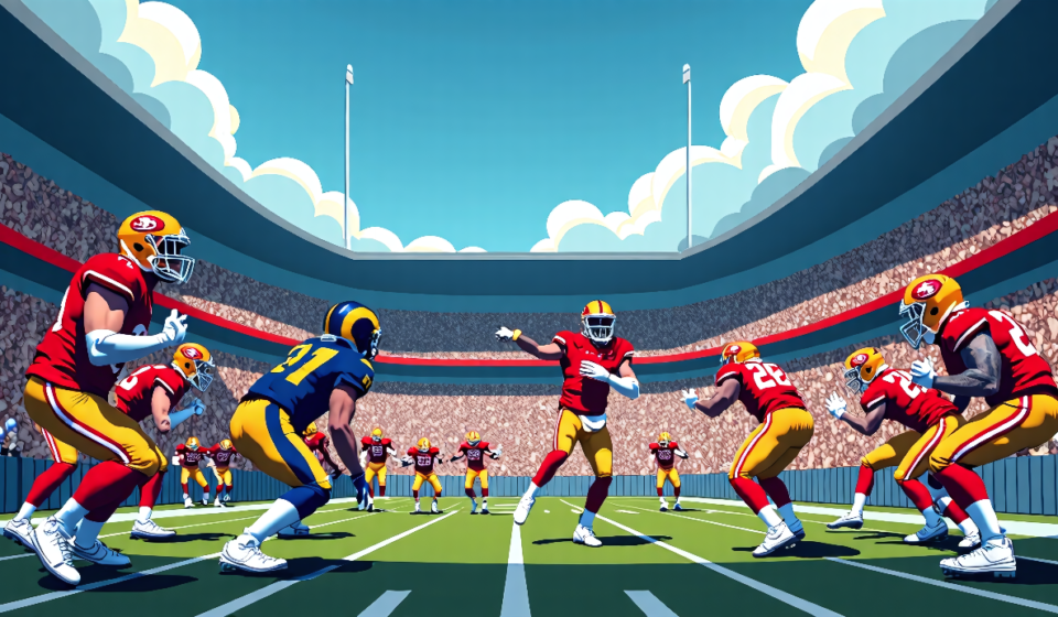 49ers Face Rams in Super Bowl Rematch: Is Drake Maye Ready? — AI-generated editorial illustration