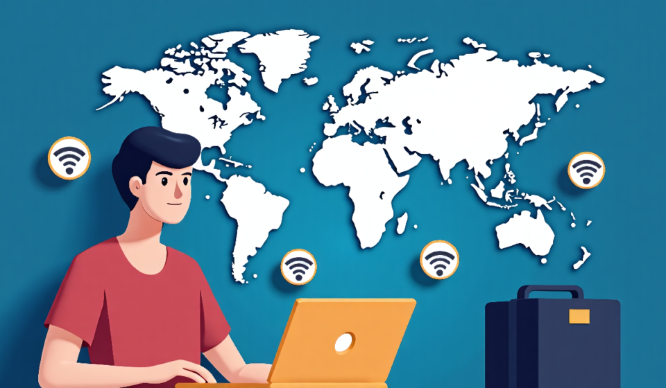Secure Streaming Abroad: VPNs, Wi‑Fi, and Content Rules — AI-generated editorial illustration