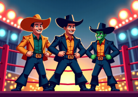 La Parka Faces Mr. Iguana & Laredo Kid at TripleMania 34 Opening Night — AI-generated editorial illustration