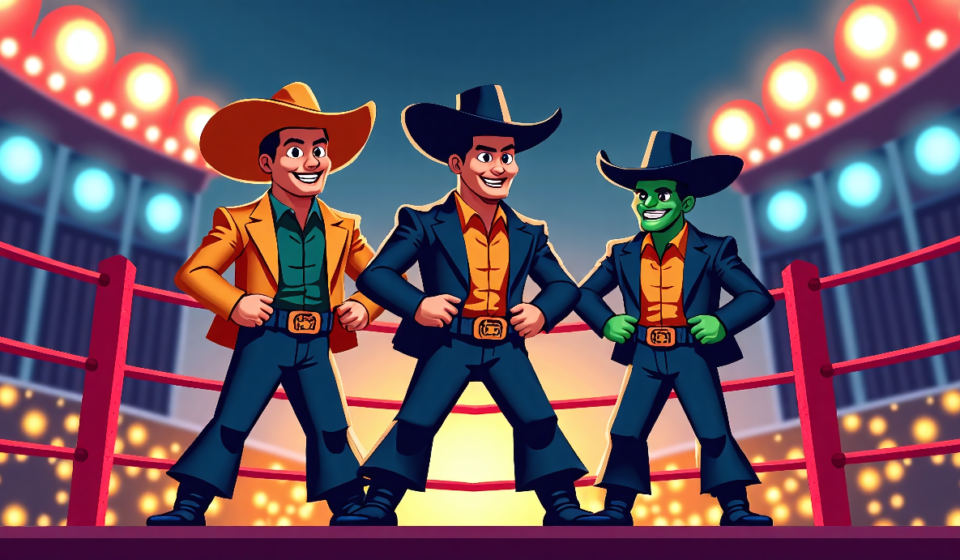 La Parka Faces Mr. Iguana & Laredo Kid at TripleMania 34 Opening Night — AI-generated editorial illustration