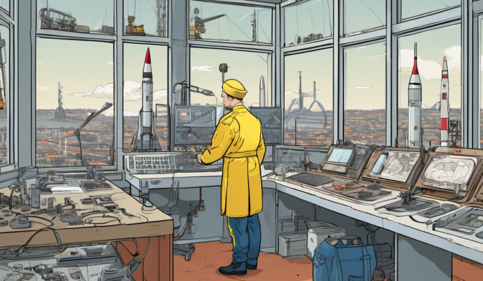 Ukrainian Engineer Turns to Ballistic Missiles After Designing Patios — AI-generated editorial illustration
