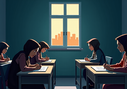 Afghan Girls Write Letters From Secret School Amid Taliban Ban — AI-generated editorial illustration