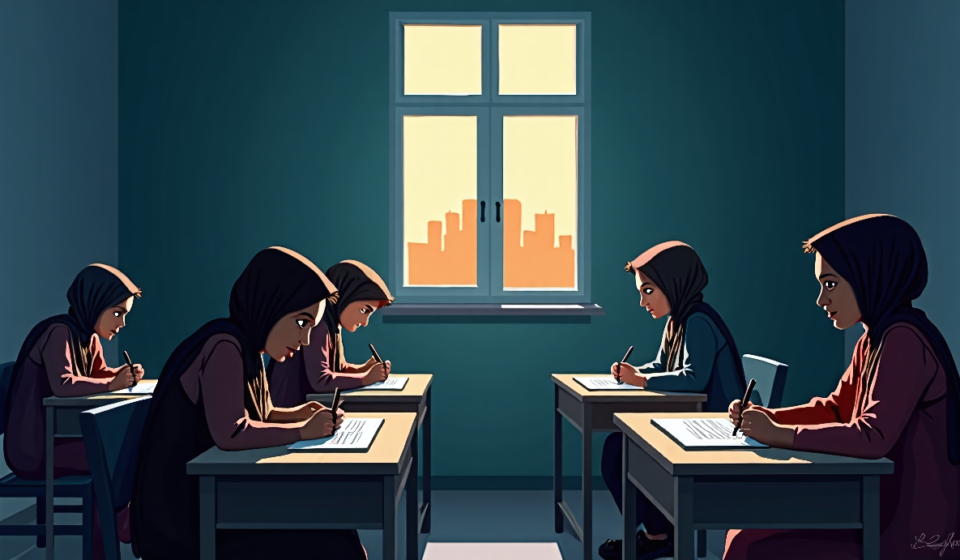 Afghan Girls Write Letters From Secret School Amid Taliban Ban — AI-generated editorial illustration