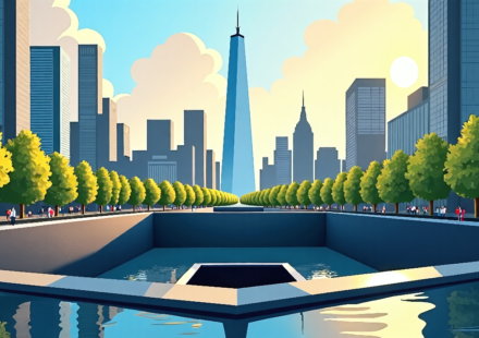 25 Years After 9/11: How Lower Manhattan Has Rebuilt and Remembered — AI-generated editorial illustration