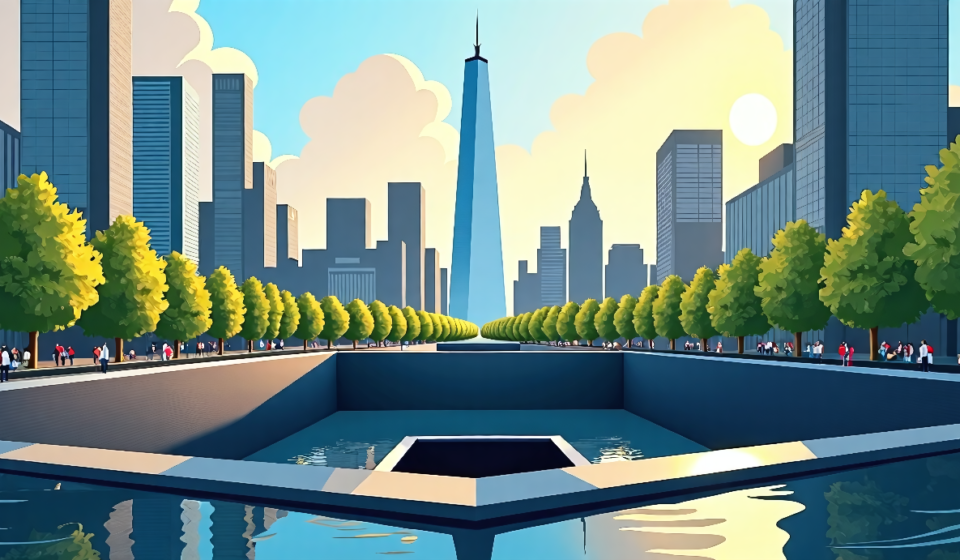 25 Years After 9/11: How Lower Manhattan Has Rebuilt and Remembered — AI-generated editorial illustration