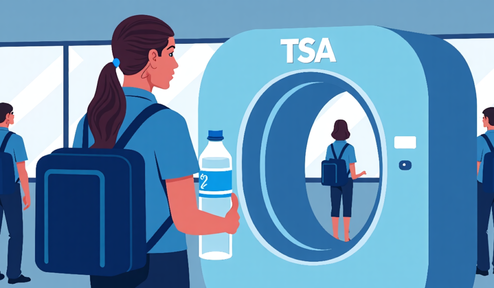 TSA Considers Allowing PreCheck Passengers to Bring Full Water Bottles — AI-generated editorial illustration