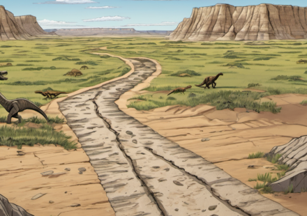 North Dakota Badlands Reveal First Adult T. rex Trackway — AI-generated editorial illustration