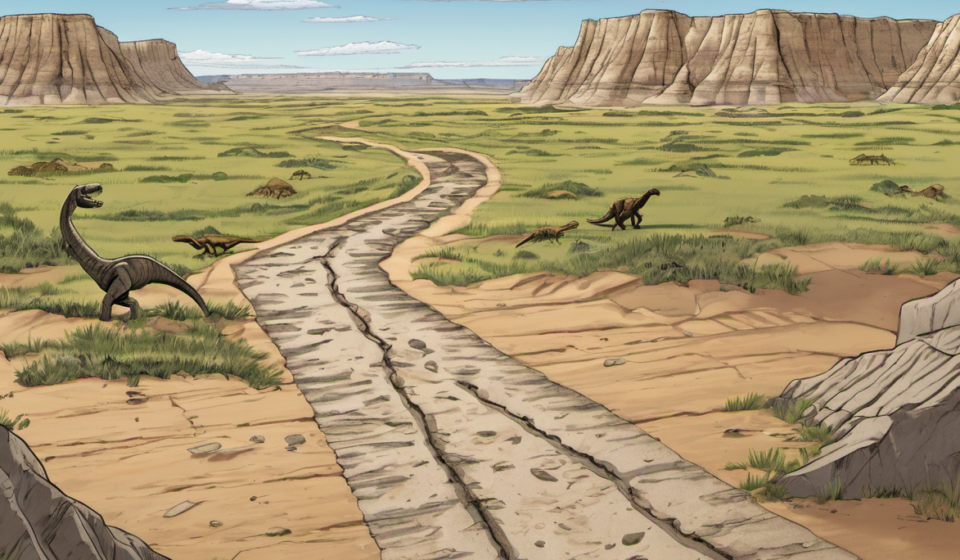 North Dakota Badlands Reveal First Adult T. rex Trackway — AI-generated editorial illustration