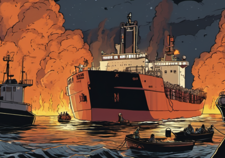 Fire on Cargo Ship in Qingdao Port Claims 25 Lives — AI-generated editorial illustration