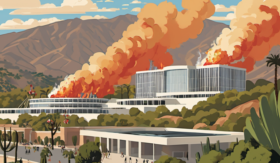 Brush Fire Near Getty Center Threatens Iconic Los Angeles Museum — AI-generated editorial illustration