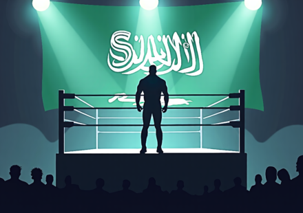 WrestleMania 43: The Rock vs. Reigns Unlikely, Saudi Arabia Main Event Rumors — AI-generated editorial illustration