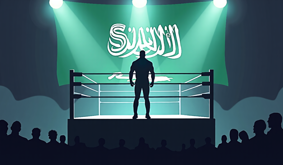 WrestleMania 43: The Rock vs. Reigns Unlikely, Saudi Arabia Main Event Rumors — AI-generated editorial illustration