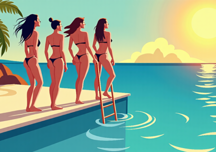 Celebs in Bikinis Climb Pool Ladders for a Splashy Social Media Moment — AI-generated editorial illustration