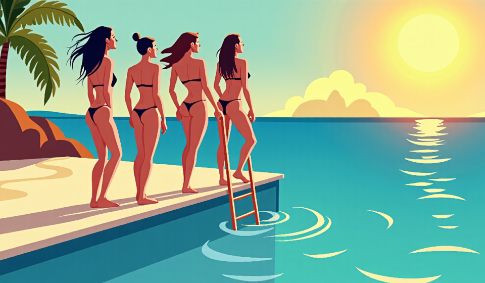 Celebs in Bikinis Climb Pool Ladders for a Splashy Social Media Moment — AI-generated editorial illustration