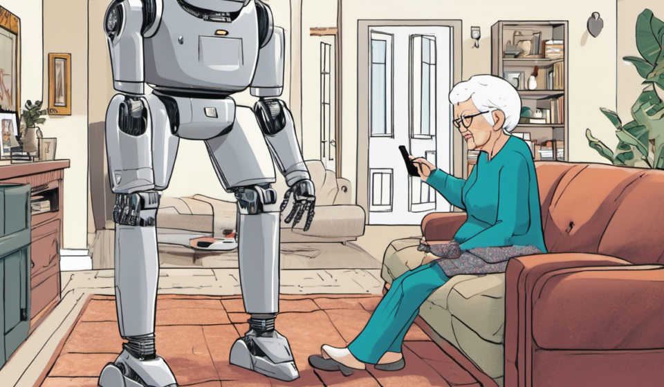 AI Home Robot Helps Seniors Call for Help and Connects Family — AI-generated editorial illustration