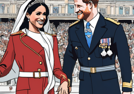 Prince Harry & Meghan Roast on SNL UK After Return to England — AI-generated editorial illustration