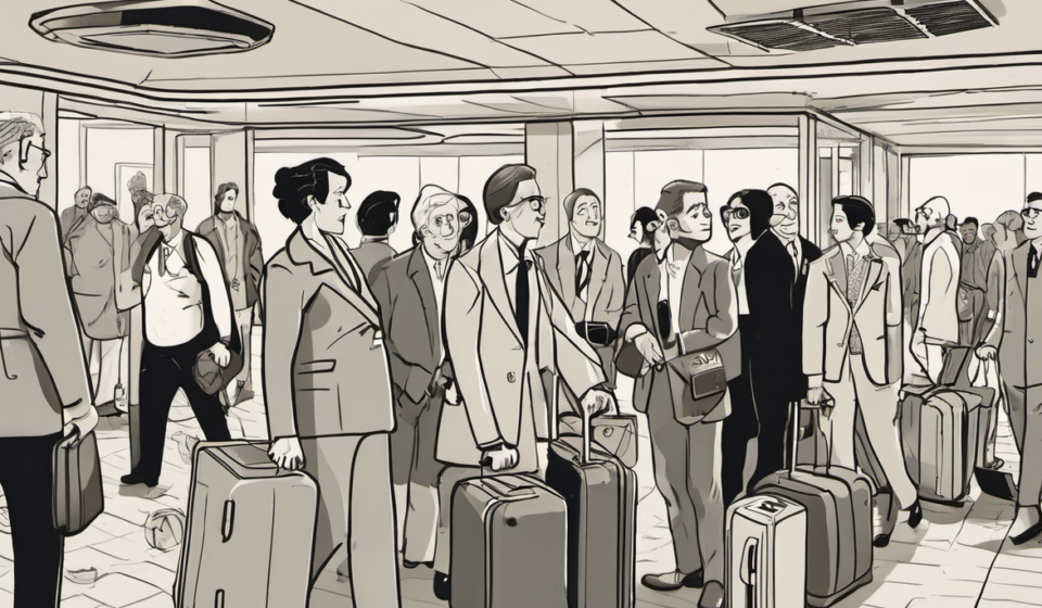 Cruise Travelers Clash Over Rolling Suitcase Etiquette — AI-generated editorial illustration