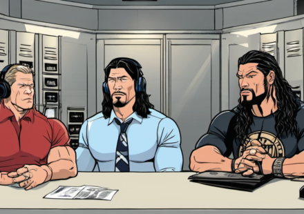 Inside the Ring: How Cena, Reigns, and Styles Prep Before the Match — AI-generated editorial illustration