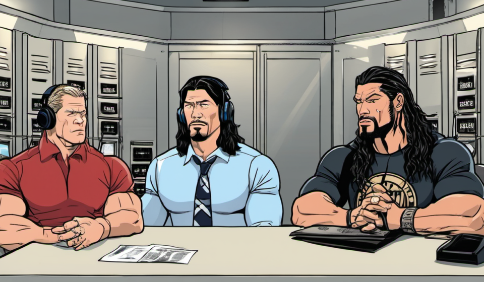 Inside the Ring: How Cena, Reigns, and Styles Prep Before the Match — AI-generated editorial illustration