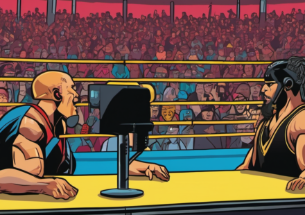 Blade Joins Evil Uno as Commentary Duo for Mystery Wrestling 29 — AI-generated editorial illustration
