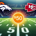 Polymarket Offers $50 Bonus for Broncos vs. Chiefs Trade with FOX Promo Code — AI-generated editorial illustration
