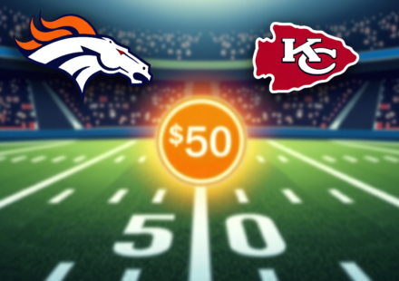Polymarket Offers $50 Bonus for Broncos vs. Chiefs Trade with FOX Promo Code — AI-generated editorial illustration