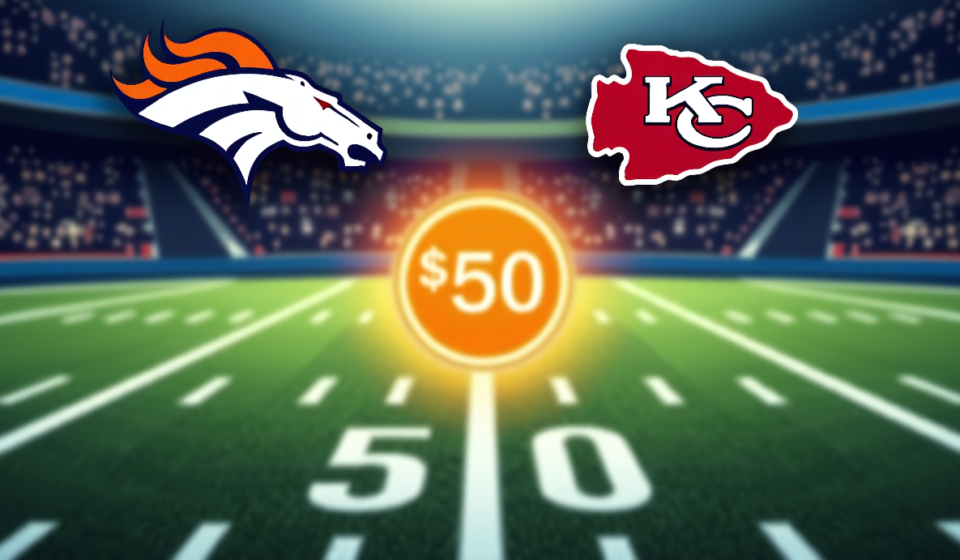 Polymarket Offers $50 Bonus for Broncos vs. Chiefs Trade with FOX Promo Code — AI-generated editorial illustration
