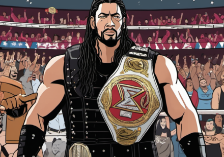 Roman Reigns Defends WWE Title in Mexico City, Wears Lucha Mask — AI-generated editorial illustration