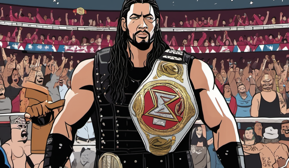 Roman Reigns Defends WWE Title in Mexico City, Wears Lucha Mask — AI-generated editorial illustration