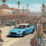 Stolen Tesla Chaos on San Diego Boardwalk Captured by Smart Glasses — AI-generated editorial illustration