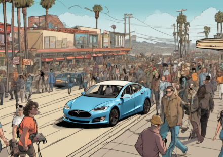 Stolen Tesla Chaos on San Diego Boardwalk Captured by Smart Glasses — AI-generated editorial illustration