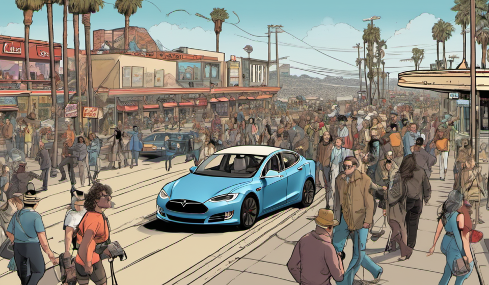 Stolen Tesla Chaos on San Diego Boardwalk Captured by Smart Glasses — AI-generated editorial illustration