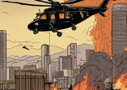 Helicopter Crash in Los Angeles Sends Black Smoke Over City — AI-generated editorial illustration