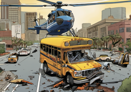 News Helicopter Crash Claims Three Lives While Covering Los Angeles Bus Accident — AI-generated editorial illustration