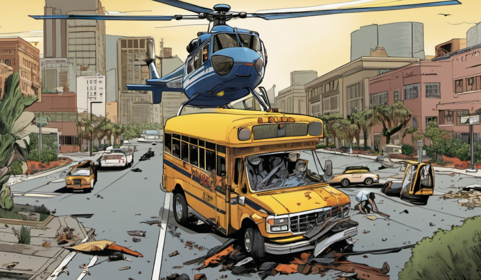 News Helicopter Crash Claims Three Lives While Covering Los Angeles Bus Accident — AI-generated editorial illustration